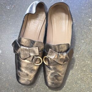 Chloe Shimmering Bronze Loafers with Bow Accent